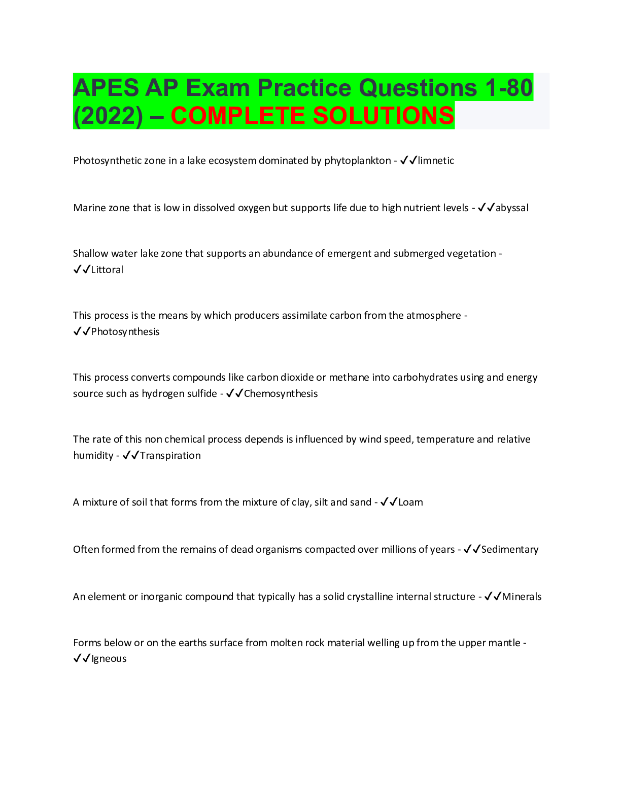 APES AP Exam Practice Questions 180 (2022) COMPLETE SOLUTIONS Browsegrades